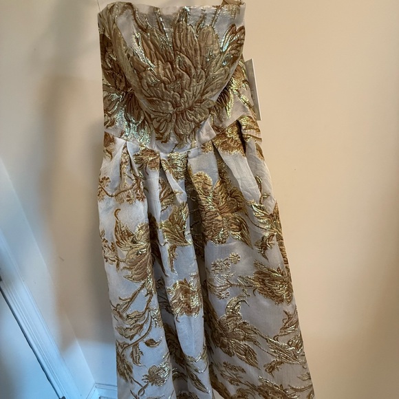 green emerald velvet dress Mac Duggal Women's Floral Sequin Strapless Column Dress - Gold Multi main image 1